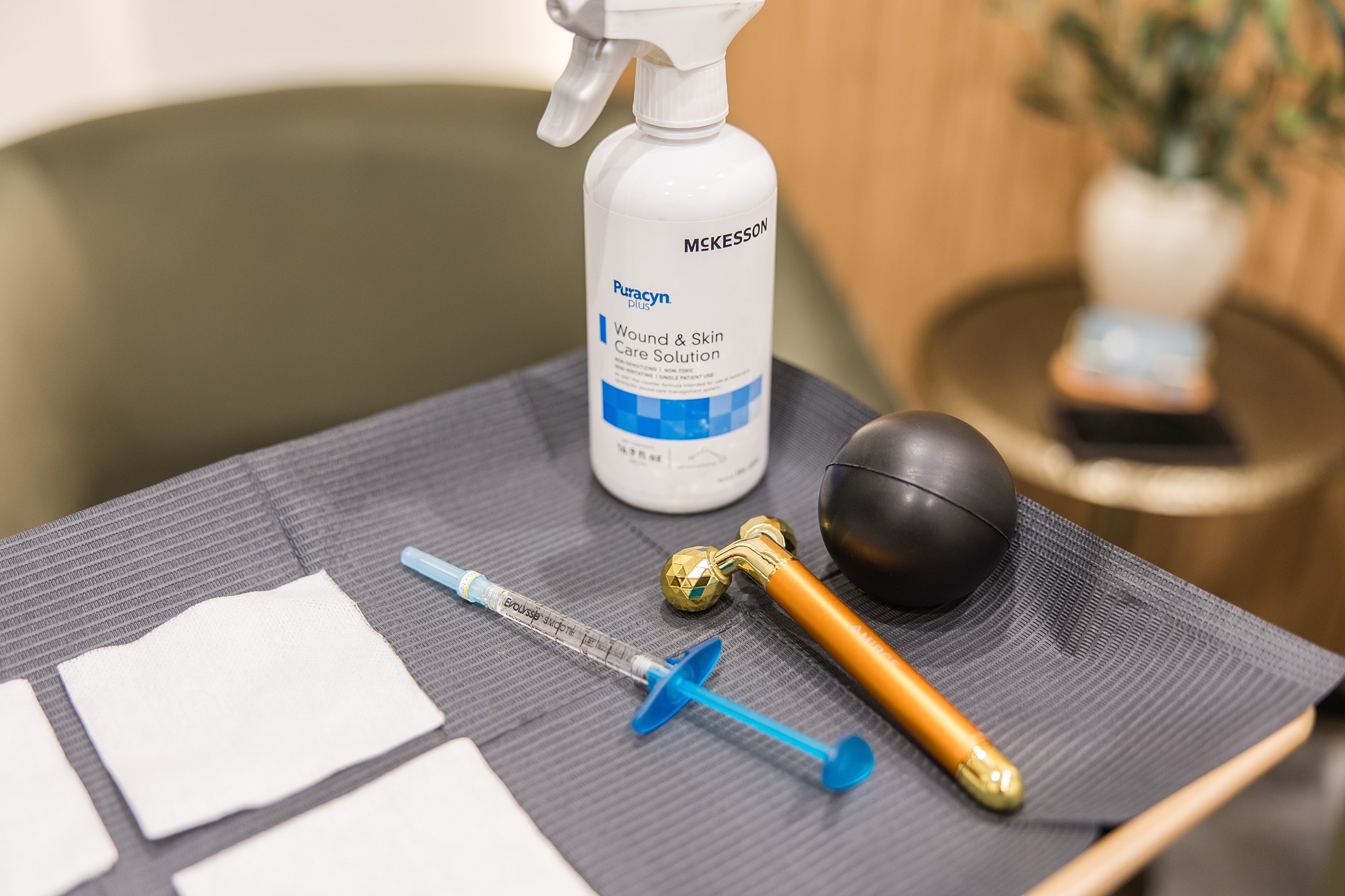Medical supplies on a treatment table.