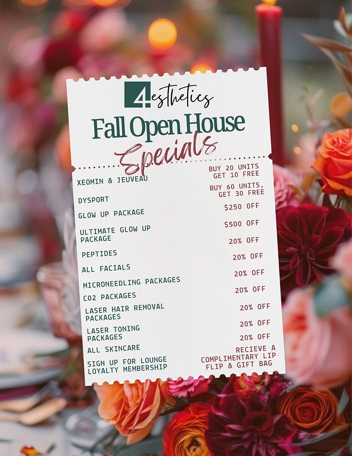 Fall open house specials at 4esthetics salon.