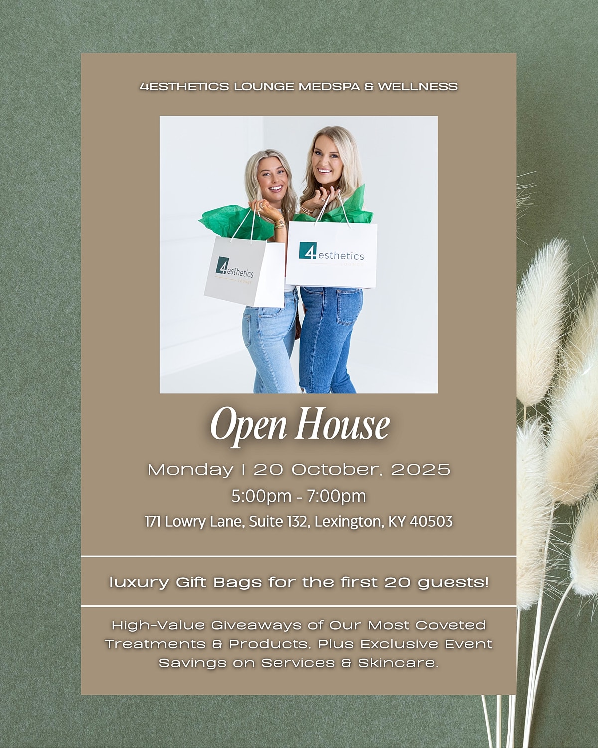 Open house event promoting wellness and skincare services.